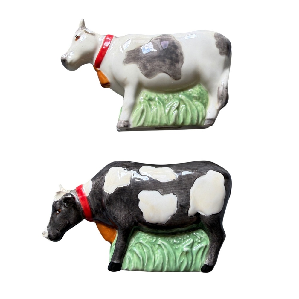 Vintage Ceramic Cow Salt and Pepper Shakers Farmhouse Decor Black White Set